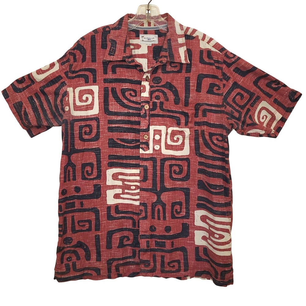 VTG Honolua Brick Red Cream Black Tribal Print Hawaiian Button Up Surf Shirt L